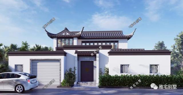 農(nóng)村中式合院別墅戶型方案圖，連廊入戶，院內(nèi)水景