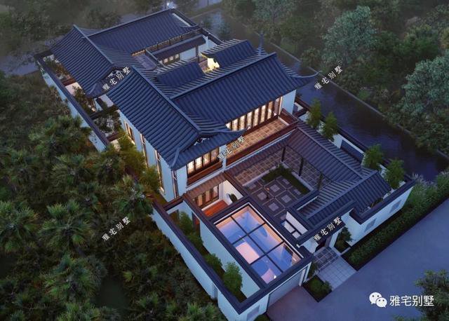 農(nóng)村中式合院別墅戶型方案圖，連廊入戶，院內(nèi)水景