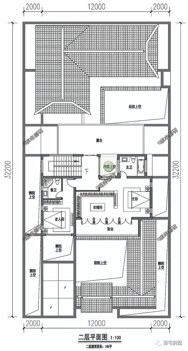 農(nóng)村中式合院別墅戶型方案圖，連廊入戶，院內(nèi)水景