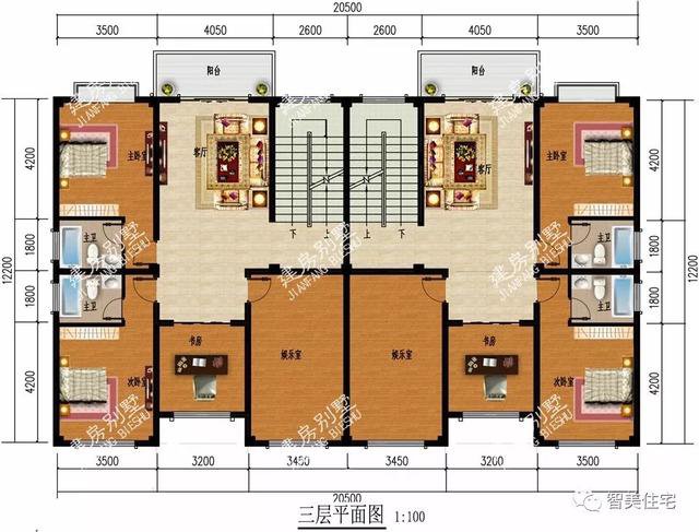 大廳共用的雙拼3層戶型別墅設(shè)計(jì)圖，兄弟倆一起住豪宅