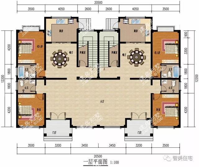 大廳共用的雙拼3層戶型別墅設(shè)計(jì)圖，兄弟倆一起住豪宅