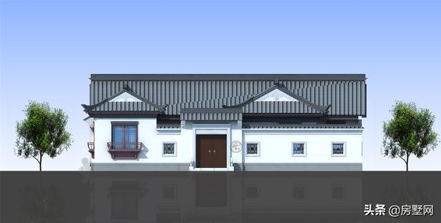 一層精品帶庭院中式別墅戶型圖及外觀圖，前后都有庭院