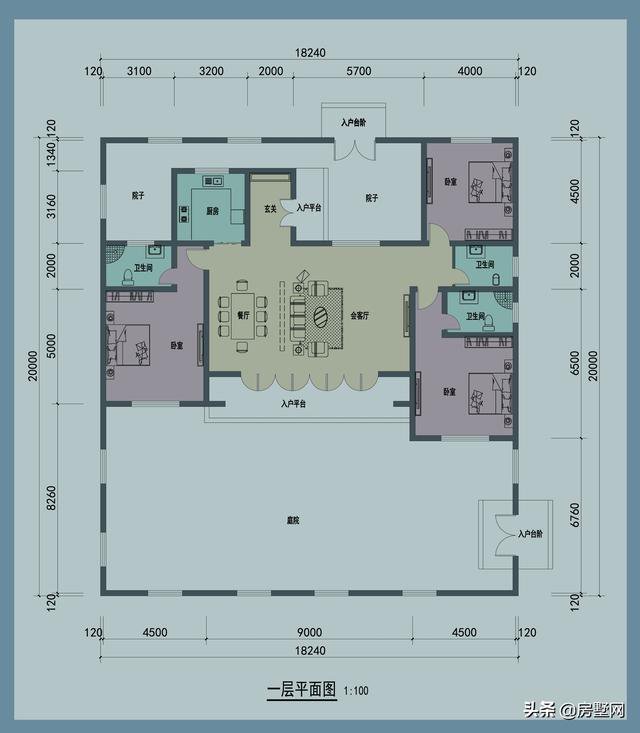 一層精品帶庭院中式別墅戶型圖及外觀圖，前后都有庭院