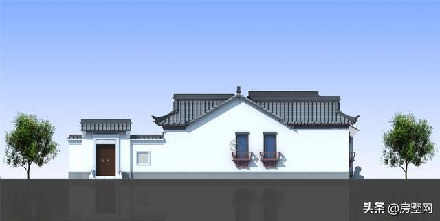 一層精品帶庭院中式別墅戶型圖及外觀圖，前后都有庭院