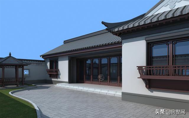 一層精品帶庭院中式別墅戶型圖及外觀圖，前后都有庭院