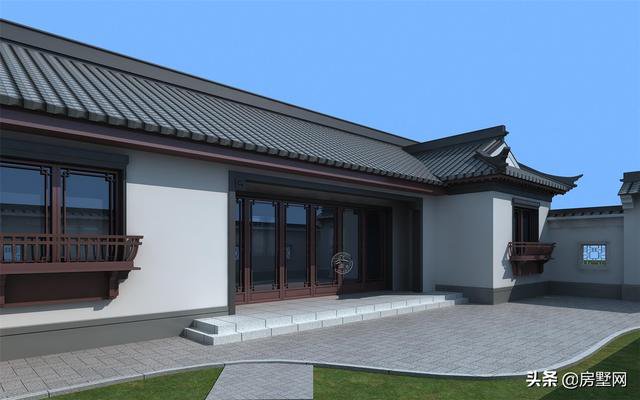 一層精品帶庭院中式別墅戶型圖及外觀圖，前后都有庭院