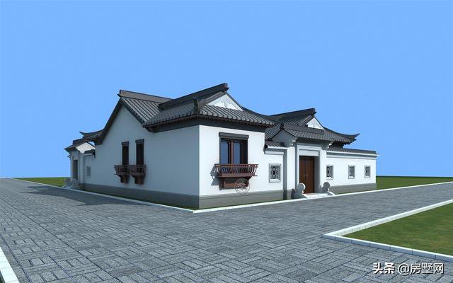 一層精品帶庭院中式別墅戶型圖及外觀圖，前后都有庭院