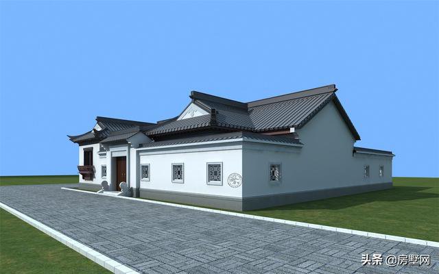 一層精品帶庭院中式別墅戶型圖及外觀圖，前后都有庭院