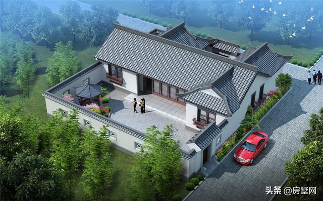 一層精品帶庭院中式別墅戶型圖及外觀圖，前后都有庭院