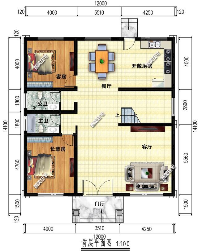 2棟復(fù)式歐式自建房方案戶型圖，開間12米左右