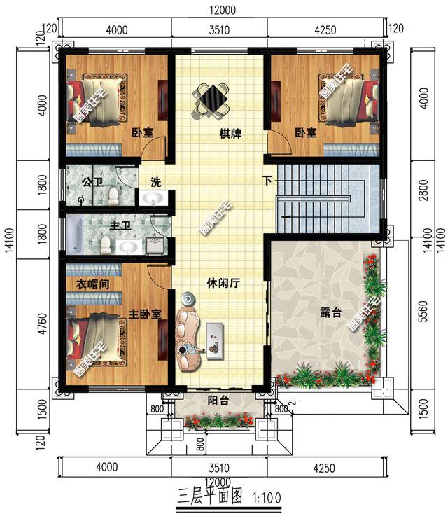 2棟復(fù)式歐式自建房方案戶型圖，開間12米左右