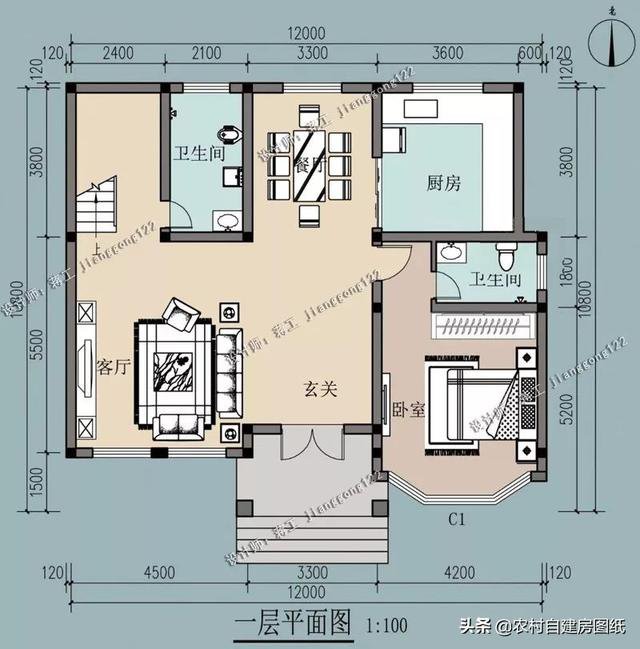 12×10.5m時尚二層農村自建房設計圖紙，5室3廳4衛(wèi)