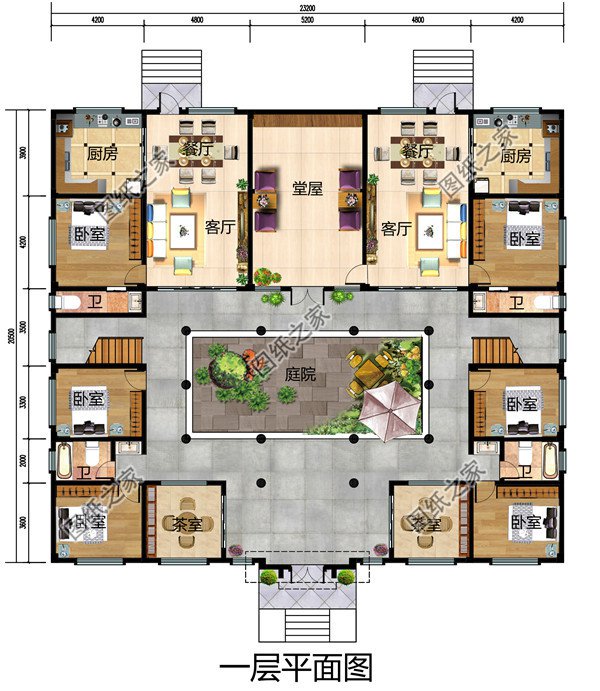 農(nóng)村兄弟雙拼二層四合院別墅設(shè)計(jì)圖，戶型左右對(duì)稱