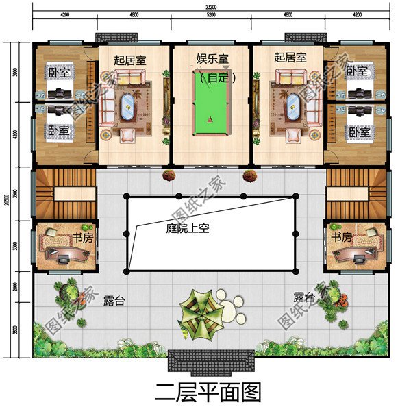 農(nóng)村兄弟雙拼二層四合院別墅設(shè)計(jì)圖，戶型左右對(duì)稱