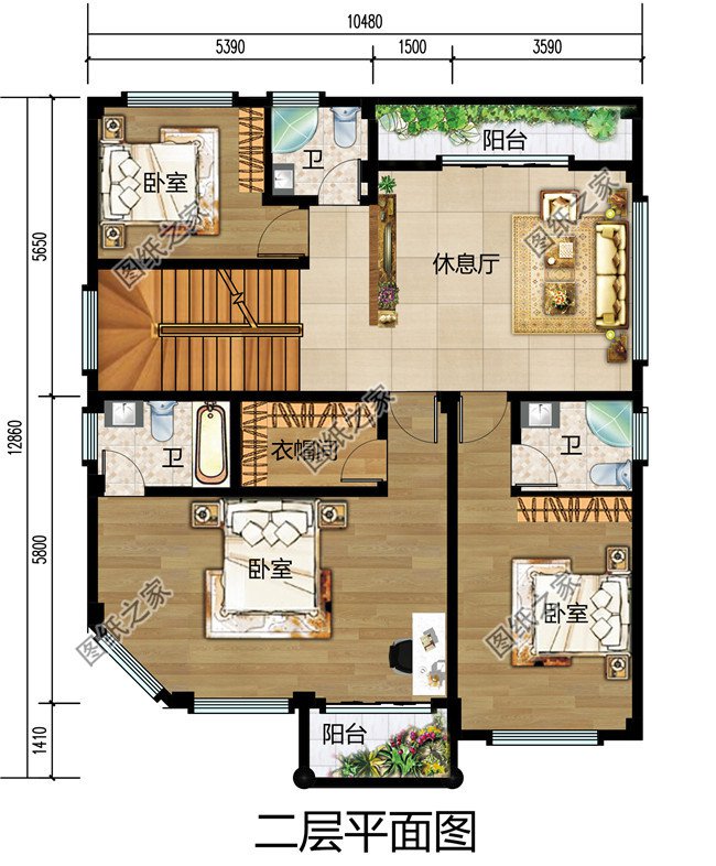 農村四層樓房外形設計圖，主臥配有陽臺和衣帽間還有衛(wèi)生間