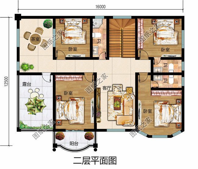 3款四間二層農(nóng)村房屋設(shè)計圖，附彩色平面戶型圖