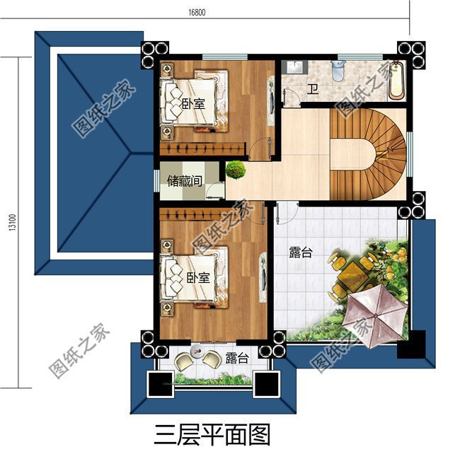 3款四間二層農(nóng)村房屋設(shè)計圖，附彩色平面戶型圖