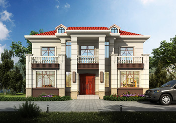 面寬15米左右二層簡歐房子設(shè)計方案圖，外觀對稱設(shè)計，廚房在前面