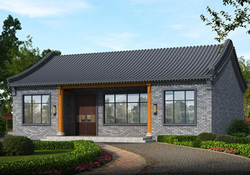 中式一層仿古自建平房設計圖，灰墻青瓦，外觀古香古色