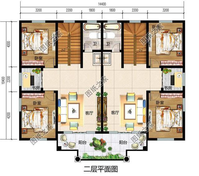 四間雙拼別墅圖，建一棟一家人互相幫襯，生活和和睦睦
