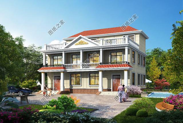 四間雙拼別墅圖，建一棟一家人互相幫襯，生活和和睦睦