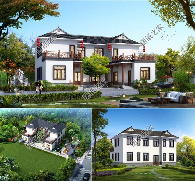 新式二層三合院效果圖以及戶型圖，風(fēng)格大氣美觀，圖紙收藏不吃虧