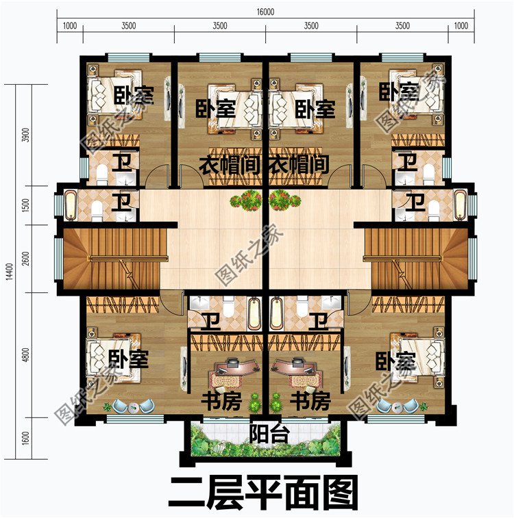 小面積雙拼別墅設(shè)計圖二層平面圖