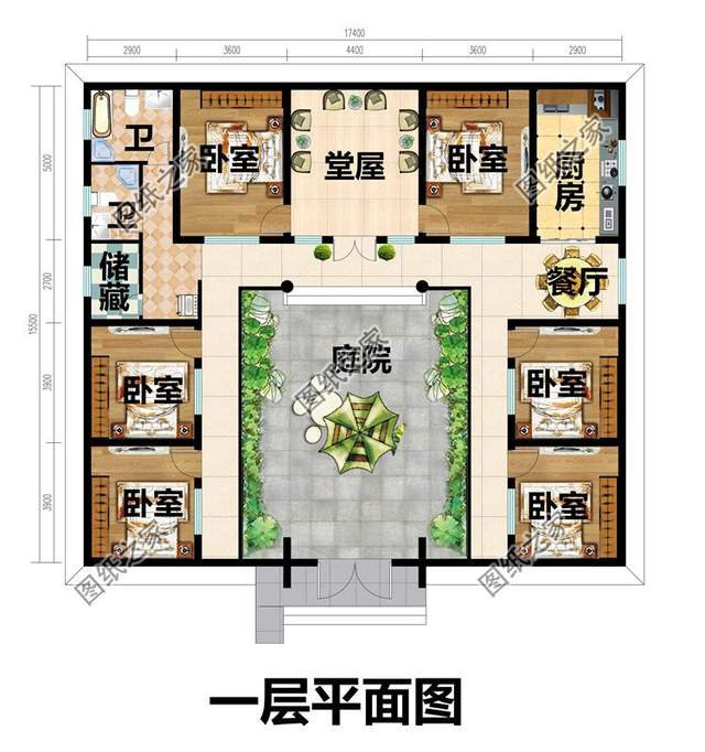 鄉(xiāng)村一層三合院設(shè)計(jì)圖，在庭院中仰望星空的美好