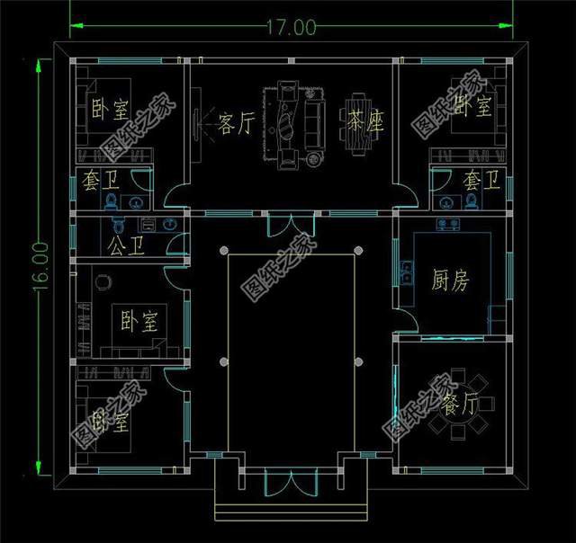 鄉(xiāng)村一層三合院設(shè)計(jì)圖，在庭院中仰望星空的美好