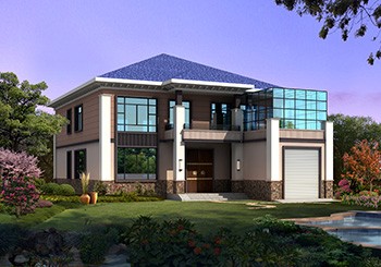 帶車(chē)庫(kù)的七字形二層自建房子設(shè)計(jì)圖，開(kāi)間14米