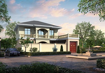 帶小院和車庫的二層自建房設(shè)計圖，整體呈L型