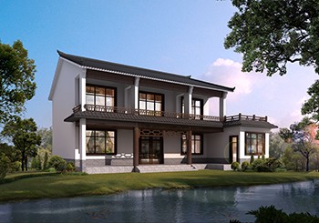 仿古七字形二層住宅設計圖紙及外觀效果圖