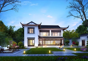 中式L型二層別墅自建房設(shè)計(jì)圖，外觀非常漂亮