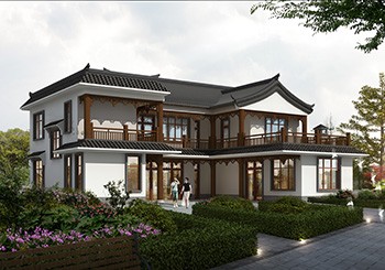 七字形二層合院別墅自建房設(shè)計(jì)圖，帶地下室