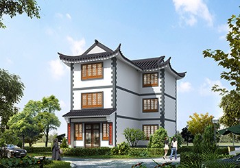 仿古中式七字形三層自建房子別墅設(shè)計(jì)圖紙，小戶(hù)型