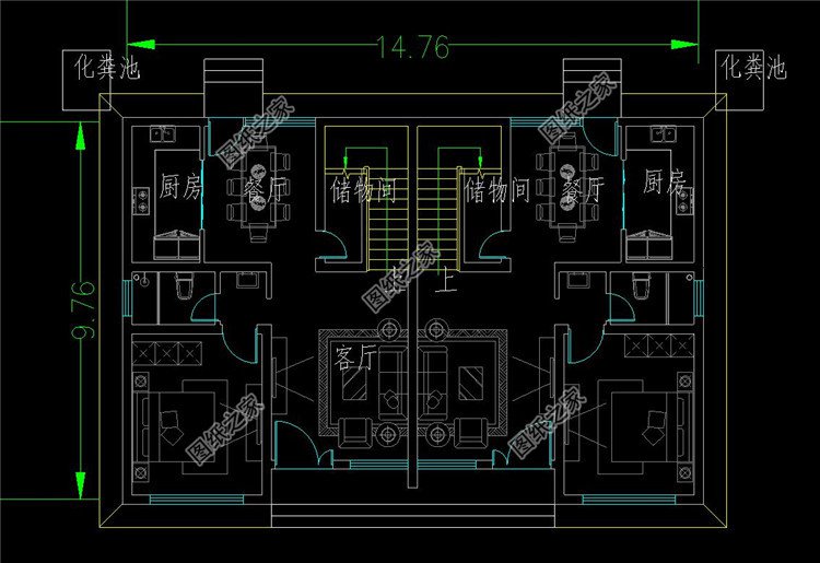 二層兄弟雙拼農(nóng)村別墅一層平面圖