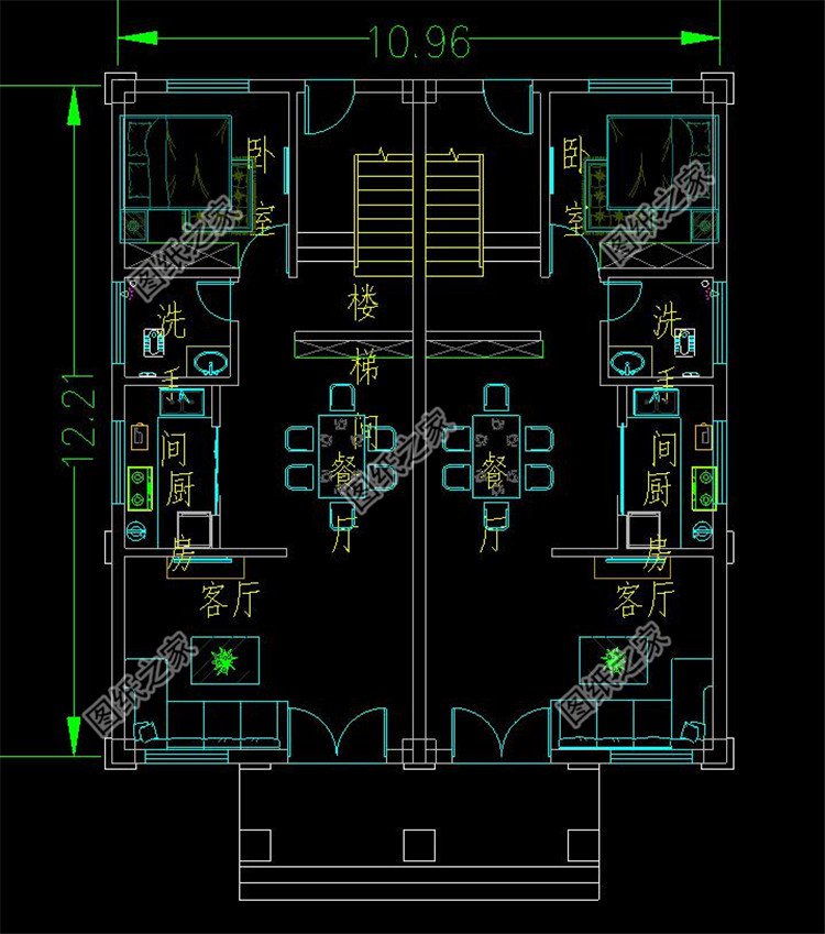 農(nóng)村三層兩戶雙拼自建別墅一層平面圖