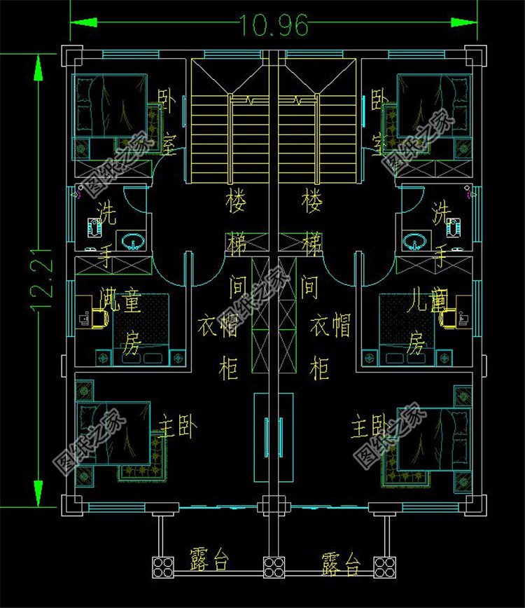 農(nóng)村三層兩戶雙拼自建別墅二層平面圖