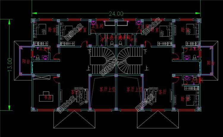 新中式四層雙拼別墅二層平面圖