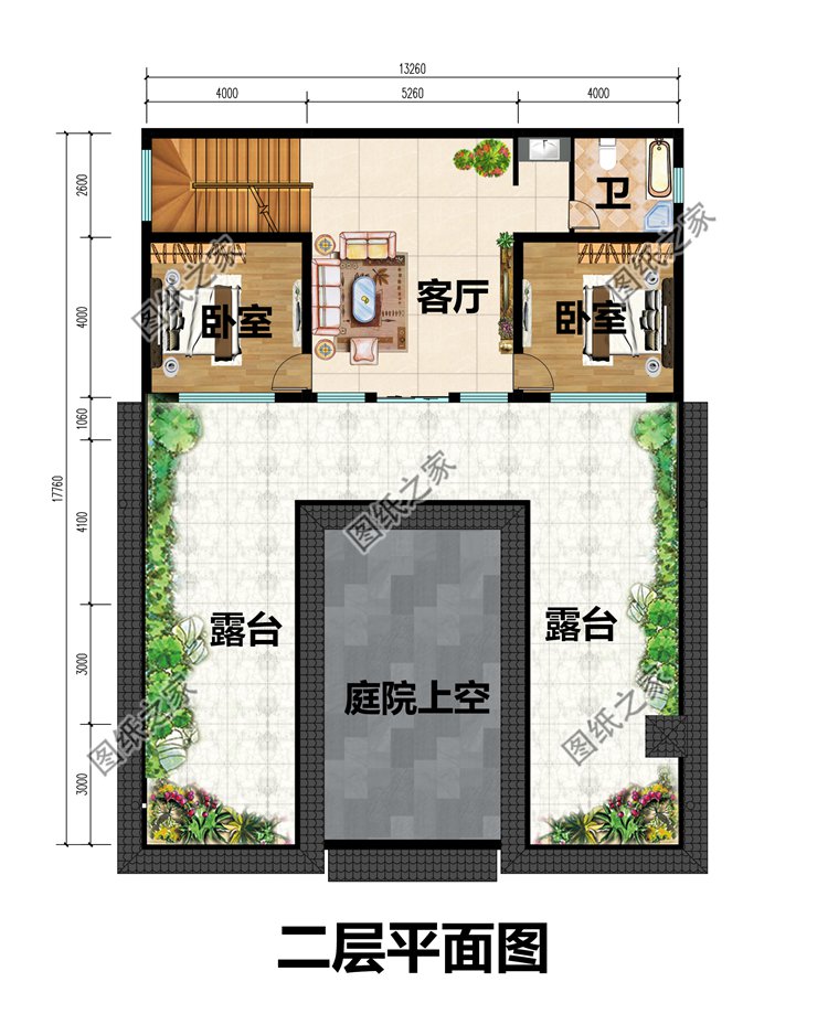 農(nóng)村平屋頂中式四合院設(shè)計圖二層平面圖