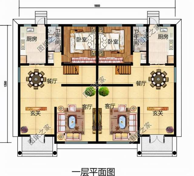 兄弟二層雙拼別墅設(shè)計圖，大家似園圃，花團錦簇