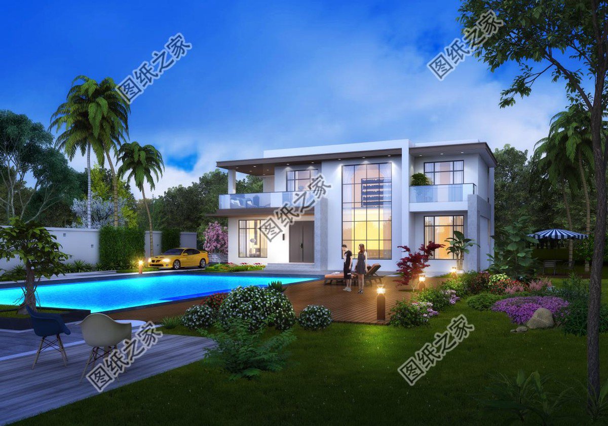 二層現(xiàn)代平屋頂別墅設(shè)計(jì)，大面積的露臺(tái)，居住會(huì)更舒適一些