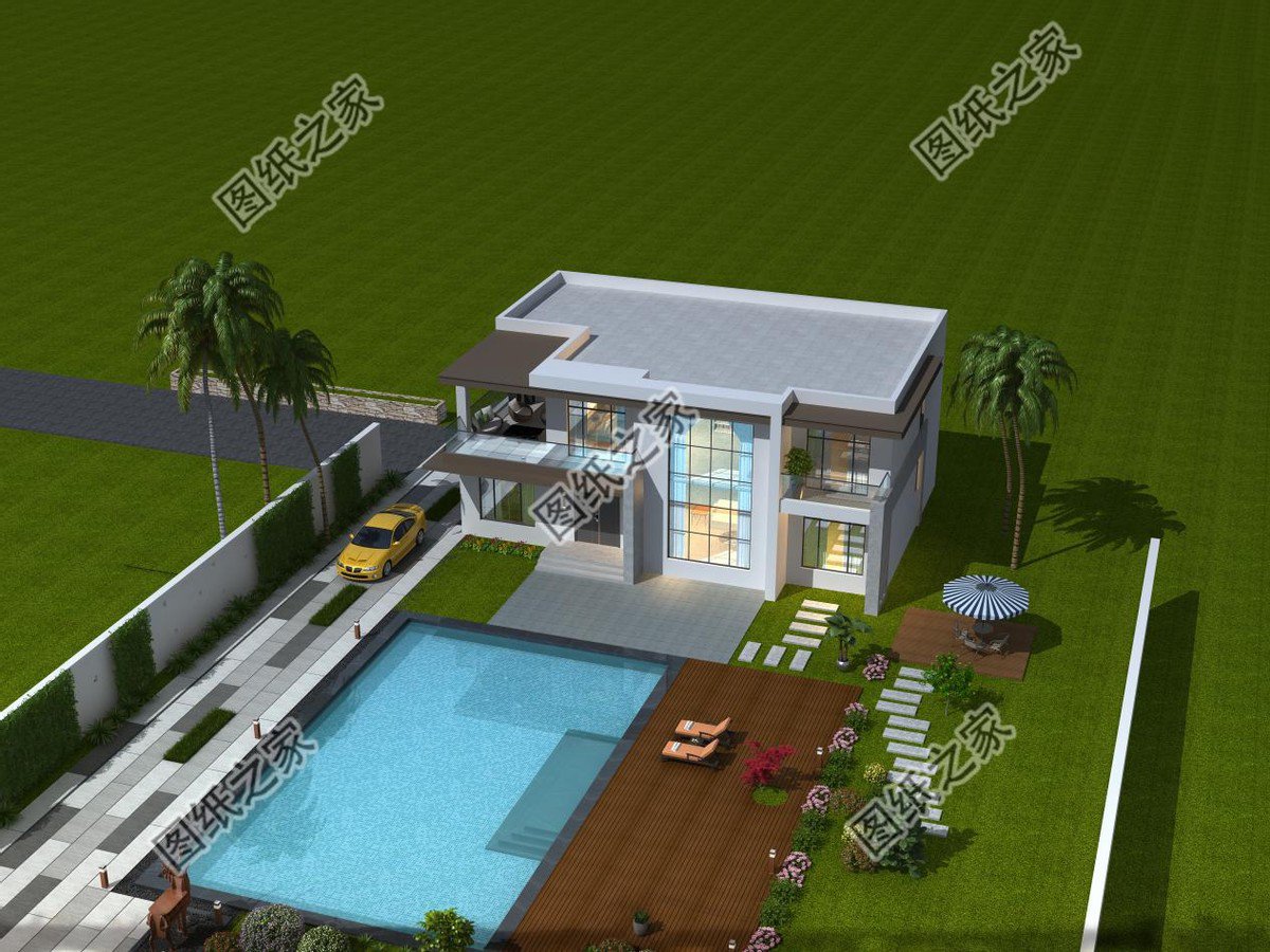 二層現(xiàn)代平屋頂別墅設(shè)計(jì)，大面積的露臺(tái)，居住會(huì)更舒適一些