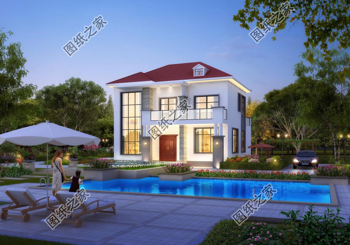現(xiàn)代二層別墅設(shè)計(jì)，通體白墻紅瓦，簡(jiǎn)約大方