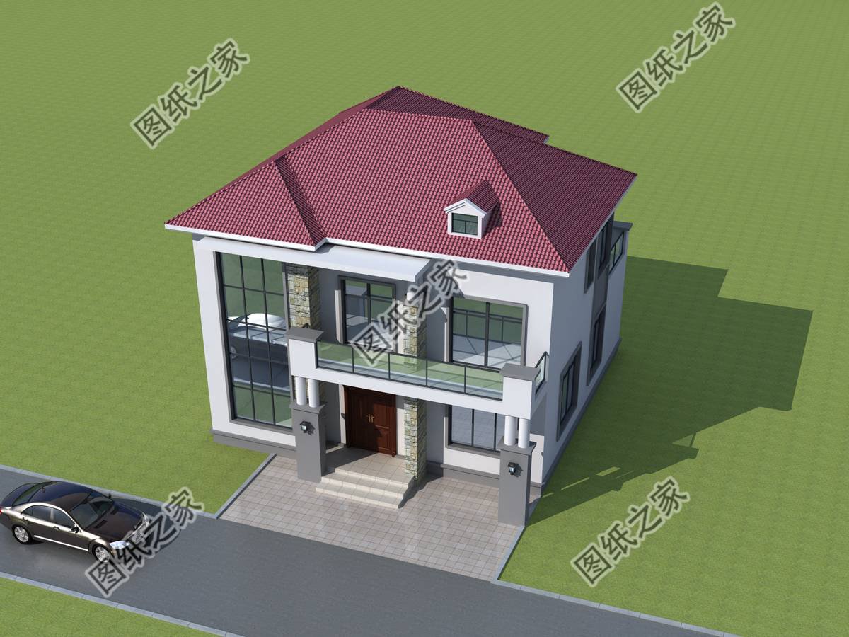 現(xiàn)代二層別墅設(shè)計(jì)，通體白墻紅瓦，簡(jiǎn)約大方