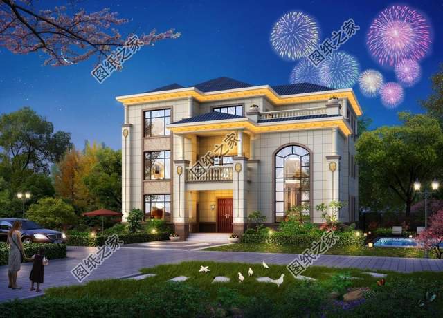 農(nóng)村三層歐式別墅，白色墻體與藍(lán)灰色坡屋頂搭配和諧，增添浪漫感