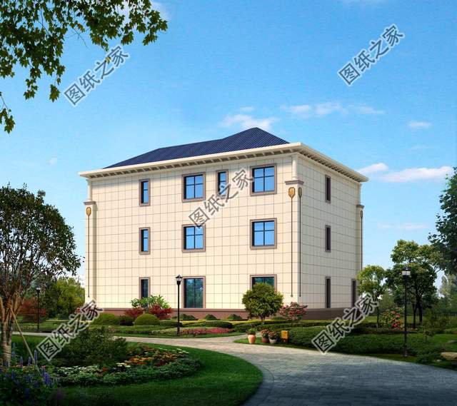 農(nóng)村三層歐式別墅，白色墻體與藍(lán)灰色坡屋頂搭配和諧，增添浪漫感