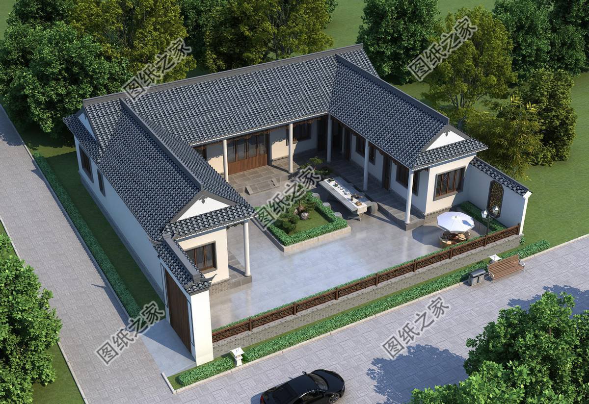 一層合院農(nóng)村別墅設(shè)計，一家人住在一起，非常有氣氛