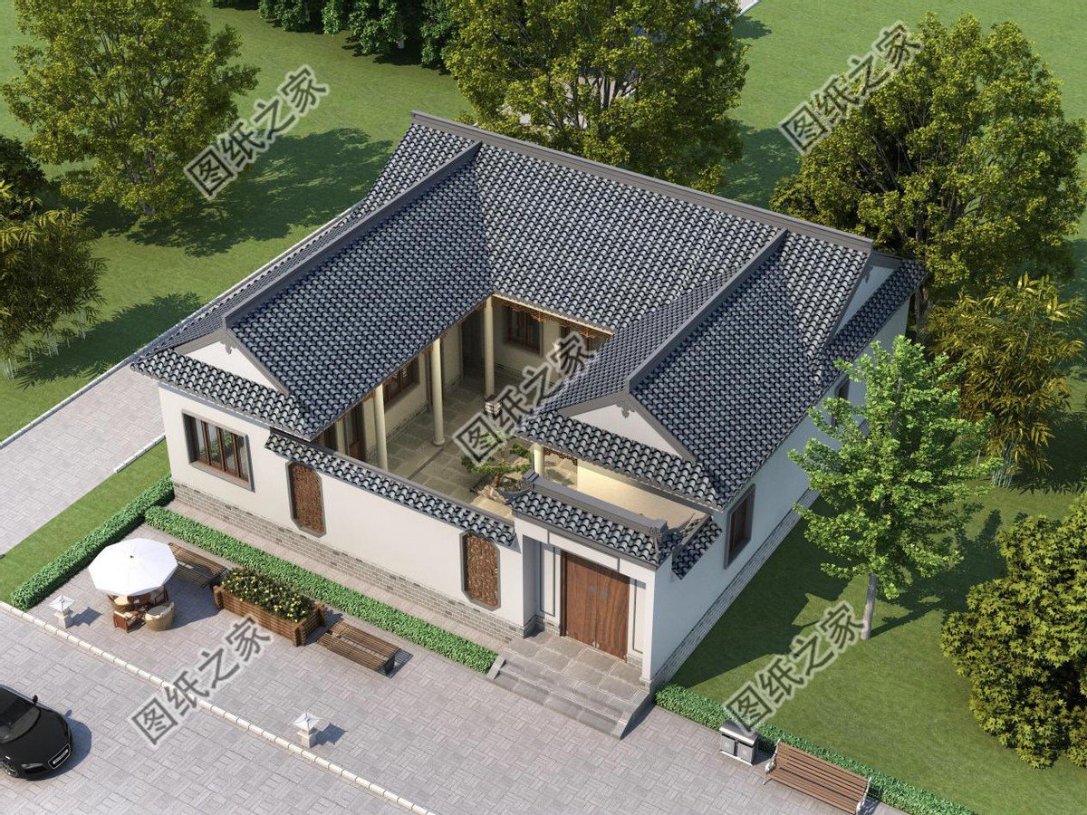 一層合院農(nóng)村別墅設(shè)計，一家人住在一起，非常有氣氛