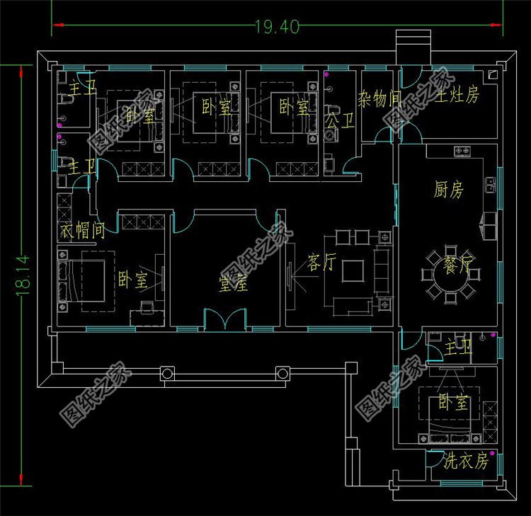 七字形一層小平房設(shè)計方案平面圖